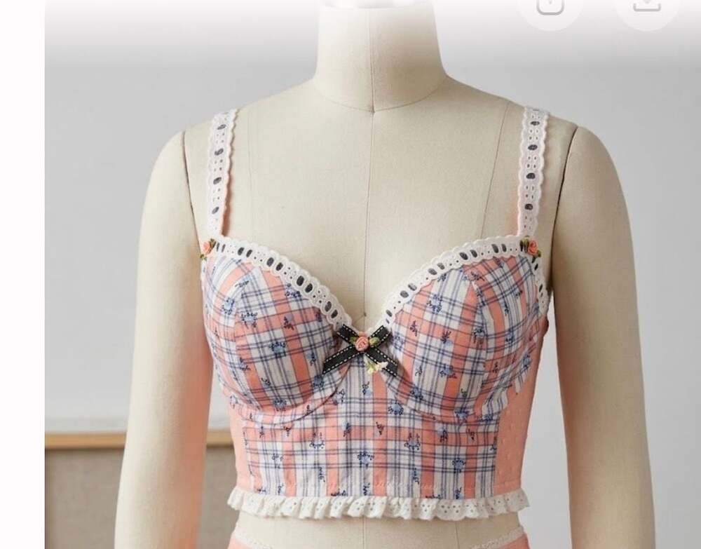 Floozie by Frost French Plaid Floral Lace Trim Bustier Corset Crop Top